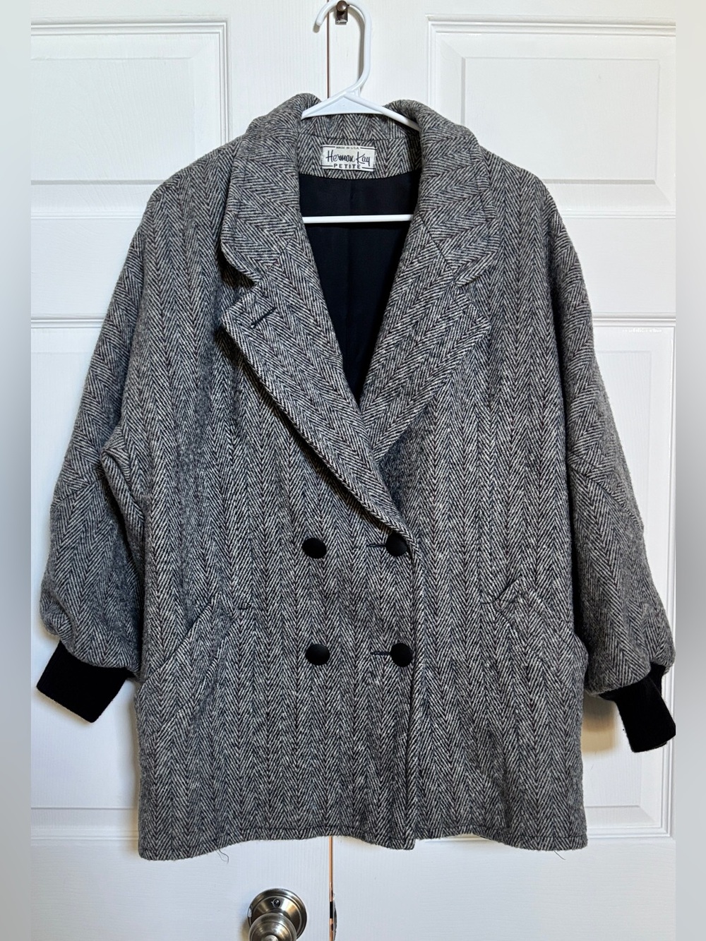 Vintage Herman Kay Petite Wool Herringbone Double Breasted Coat